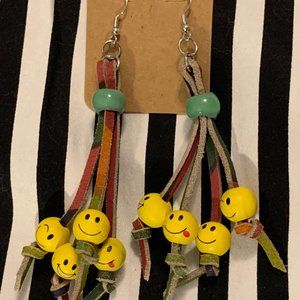 Rainbow Leather Knot Earrings Emoji Wood Beads Handmade Cute